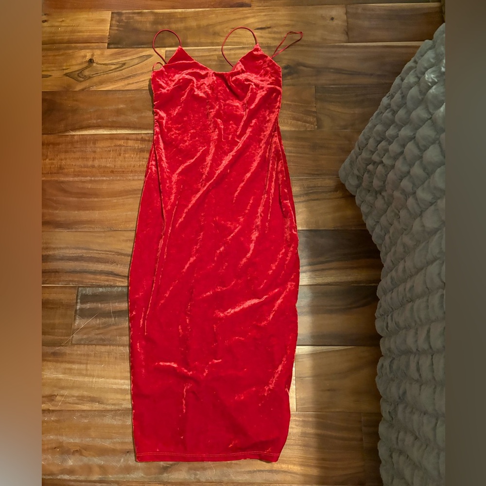 ReNamed Red Velvet Midi Slip Dress Spaghetti Strap Bodycon Size S (1045)